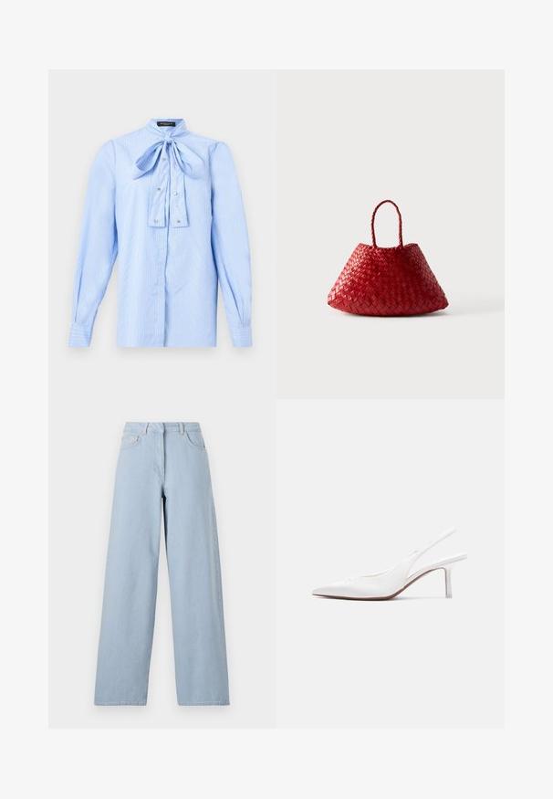 Hele sinine pikkade varrukatega pluus valgete triipude, krae juures seotud paela ja väikeste dekoratiivsete nööpidega esiküljel.; REMAIN COCOON PANTS - Wide leg - light blue; Valge nahast naiste slingback-tüüpi jalanõu, terava ninaotsaga, madala kitsa kontsaga ja väikese dekoratiivse lipsuga peal, esitatud külgvaates.; Punane punutud nahast käekott ümarate kolmnurkse kujuga ja kahe punutud sangaga valgel taustal.