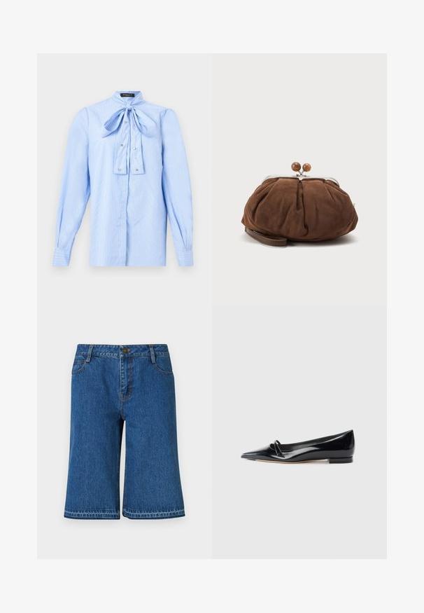Hellblaue Bluse mit langen Ärmeln und weißen Streifen, einer Schleife am Kragen und kleinen dekorativen Knöpfen vorne.; Blaue Denim-Shorts mit geradem Schnitt, ausgestattet mit einem Bund, fünf Taschen und dezenten Nähten entlang der Säume.; Schwarze Lackleder-Ballerina mit spitzem Zehenbereich, kleinem dekorativen Riemen und niedrigem Blockabsatz. Glatte Textur und elegantes Design.; Weiche braune Wildleder-Handgelenktasche mit silbernem Metallrahmen und runden braunen Verschlusskugeln auf schlichtem hellem Hintergrund.