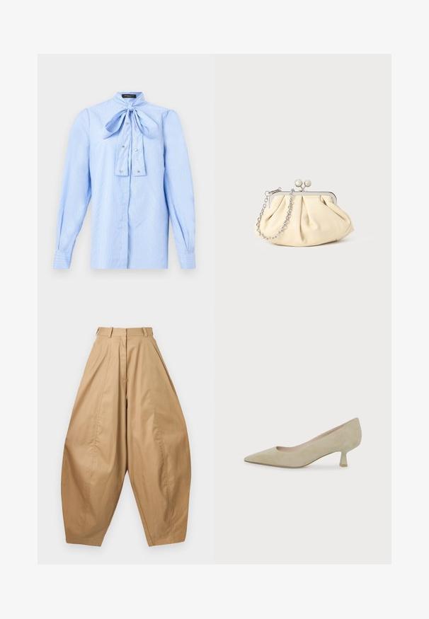 Blouse à manches longues bleu clair avec des rayures blanches, un nœud noué au col et de petits boutons décoratifs sur le devant.; Pantalons beiges taille haute, jambes larges avec des plis, passants de ceinture et ourlets fuselés, présentés sur un fond blanc.; Escarpin en daim beige à bout pointu avec un talon bas et fin de hauteur moyenne sur fond blanc uni.; Pochette en cuir beige plissé avec un cadre en métal argenté, dotée de deux fermoirs ronds décoratifs et d'une chaîne en argent.