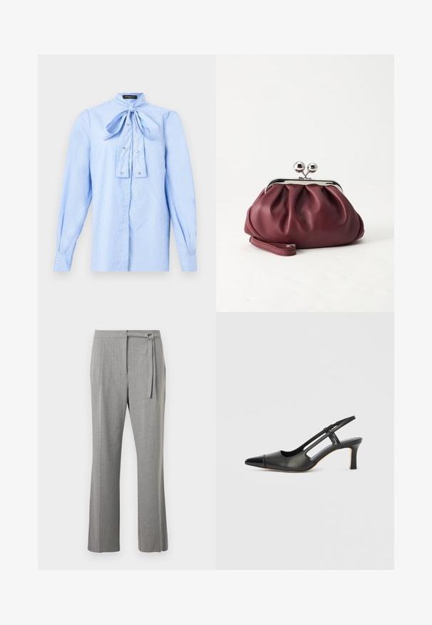Blouse à manches longues bleu clair avec des rayures blanches, un nœud noué au col et de petits boutons décoratifs sur le devant.; Pantalon gris sur mesure à coupe droite, devant plat, avec une ceinture en tissu et une boucle D-argentée à la taille.; Chaussure à bride arrière en cuir noir avec bout pointu, dotée d'un accent brillant sur le bout et d'un talon de hauteur moyenne. Design latéral ouvert.; Petit sac pochette en cuir bordeaux avec fermoir métallique argenté et bracelet sur fond blanc.