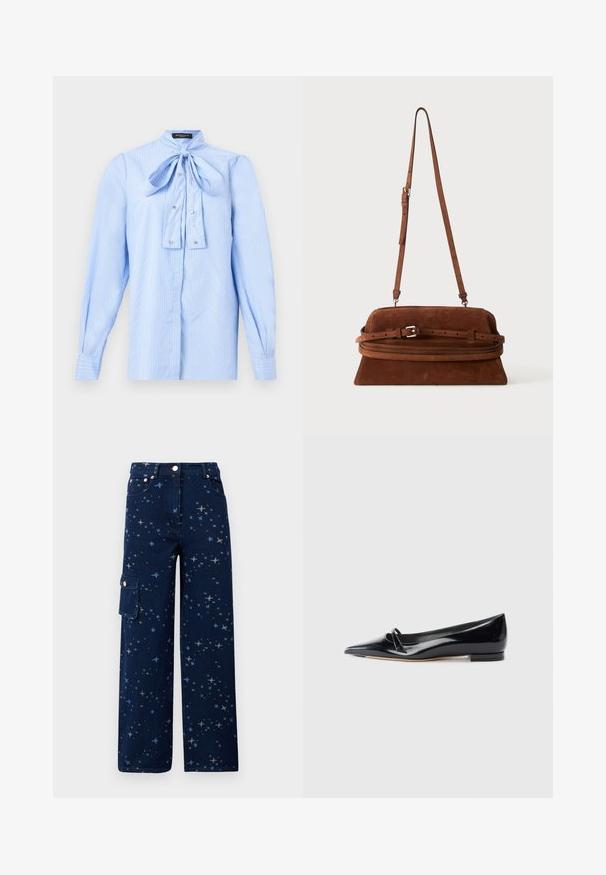 Lyseblå bluse med lange ærmer, hvide striber, en sløjfe bundet ved kraven og små dekorative knapper foran.; Mørkeblå denim cargo bukser med stjernemønster, vide ben, forlommer og en sidelomme med knaplukning.; Sorte patentlæder flade sko med spids tå, lille dekorativ rem og lav blokhæl. Glat tekstur og strømlinet design.; Brun ruskind skuldertaske med lang justerbar rem og spænde foran, vist mod en ensfarvet baggrund.
