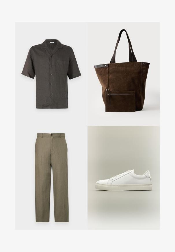 Chemise à manches courtes en lin gris foncé, avec une poche poitrine et une fermeture à boutons sur le devant. Texture lisse, coupe décontractée.; Pantalons en mélange de lin vert olive avec une coupe droite, poches avant, fermeture par un bouton simple et une texture lisse.; Baskets blanches basses à lacets sur l’avant et semelle épaisse, vues de côté sur un fond neutre.; Sac cabas en daim marron foncé avec des poignées noires et une pochette rectangulaire zippée assortie fixée à l'avant.