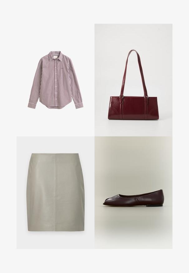 Chemise à manches longues boutonnée avec rayures verticales blanches et grenat, col pointu et petit logo brodé sur la poitrine.; Jupe en cuir beige longueur genou avec une coupe droite et une couture verticale centrale, présentée sur un fond blanc.; Chaussure plate en cuir marron foncé avec bout ouvert et petit talon sur fond clair uni.; Sac à main bordeaux en matériau brillant, de forme rectangulaire, avec deux anses et des accents légèrement courbés à l'avant.