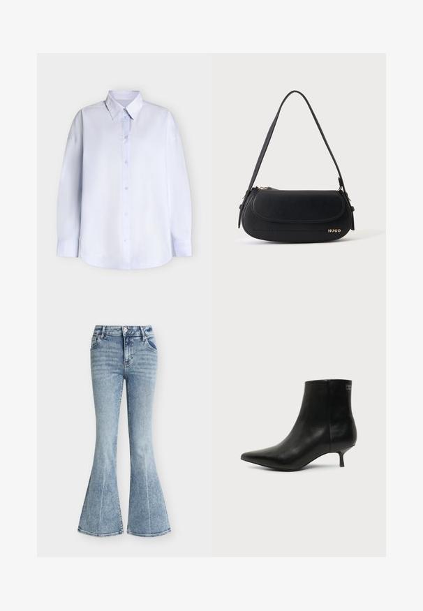 Chemise blanche à manches longues, boutonnée sur le devant avec col et poignets visibles, présentée sur un fond clair uni.; Jean en denim bleu clair taille haute avec un lavage délavé, poches avant, fermeture par bouton et zip, et jambes évasées style pattes d'éléphant.; Bottine en cuir noir avec bout pointu et petit talon kitten sur fond clair, vue côté extérieur.; Sac à épaule en cuir noir avec rabat incurvé, logo doré "HUGO" sur le devant, et une bandoulière réglable.