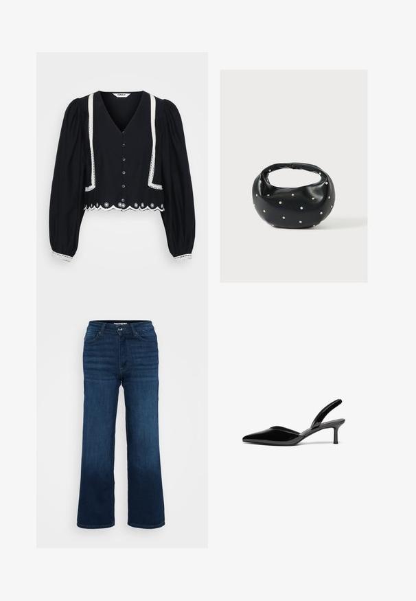 Blusa negra corta con mangas abullonadas, adornada con encaje en el escote y bolsillos, que presenta bordados de flores blancas en el dobladillo.; ONLY Petite ONLMADISON BLUSH WIDE - Pernera ancha - dark blue denim; Tacones slingback de charol negro con punta afilada, tacón de aguja bajo y un diseño elegante y simple sin adornos.; Bolso de mano de cuero negro con forma redondeada, decorado con detalles de tachuelas plateadas y un asa corta. Textura lisa y cierre con cremallera.