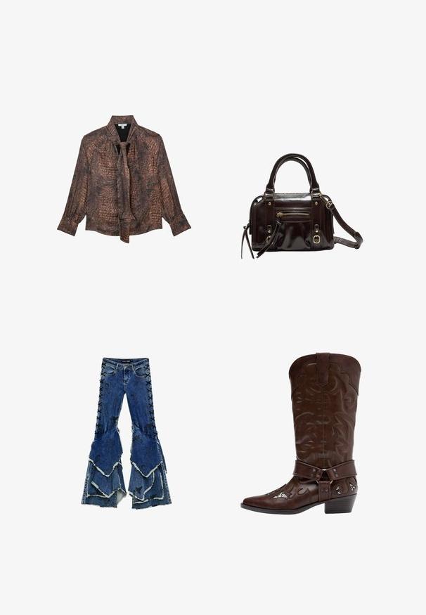 Blouse marron à motif avec un nœud sur le devant, présentant un design texturé rappelant la peau d'animal. Manches longues avec des poignets à boutons.; Jean en denim bleu à pattes d'éléphant avec une conception de volants superposés, présentant des détails lacés noirs sur les côtés et des bords effilochés.; Botte de cow-boy en cuir marron avec coutures décoratives, sangle à boucles, et talon bas empilé, présentée en profil latéral sur fond blanc.; Sac à main en cuir verni marron avec double poignées, bandoulière amovible, poche zippée à l'avant et accents en métal doré.