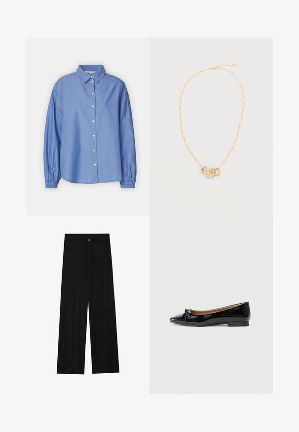 Chemise boutonnée bleue en tissu léger. Présente un col classique, des manches longues à poignets retroussés et une coupe décontractée. Texture lisse.; Pantalons noirs à jambes larges en tissu lisse, avec poches avant et fermeture à bouton à la taille. Design minimaliste sans motifs.; Ballerines en cuir verni noir avec un bout pointu, un petit nœud à l'avant et un petit talon carré. Texture lisse et brillante.; Collier chaîne en or avec trois anneaux entrelacés, l'un orné de petits cristaux, un vert, et un en or lisse, sur un fond clair.
