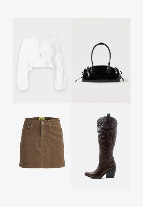 Weißes cropped Blusenshirt mit V-Ausschnitt, langen puffärmeln und gerafften Details an der Taille. Mit einer Bindung vorne.; Brauner Cord-Minirock mit vorderer Knopfleiste und Reißverschluss, Gürtelschlaufen und vorderen Taschen, mit gelbem JJXX-Label im inneren Taillenbund.; Hoher dunkelbrauner Leder-Cowboystiefel mit gestickten dekorativen Mustern, spitzer Spitze und gestapeltem Blockabsatz.; Kleine schwarze glänzende Handtasche mit zwei langen Griffen und seitlichen Kordelzug-Details vor einfachem hellem Hintergrund.