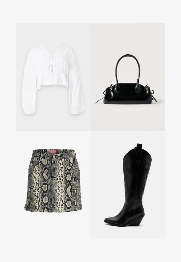 Weißes cropped Blusenshirt mit V-Ausschnitt, langen puffärmeln und gerafften Details an der Taille. Mit einer Bindung vorne.; Schwarzer, beiger und weißer Minirock in A-Linie mit Kunst-Schlangenhautmuster, vorderen Taschen und einem taillierten Bund mit Knöpfen.; Schwarzer Leder-Cowboystiefel mit spitzer Zehe, schrägem Blockabsatz, dekorativer Naht und Zuglaschen oben vor weißem Hintergrund.; Kleine schwarze glänzende Handtasche mit zwei langen Griffen und seitlichen Kordelzug-Details vor einfachem hellem Hintergrund.