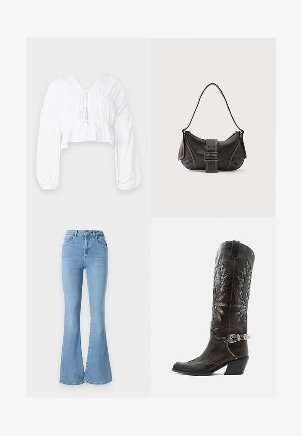 Witte cropped blouse met een V-hals, lange pofmouwen en geplooide details bij de taille. Heeft een striksluiting aan de voorkant.; Lichtblauwe flared jeans van denim, met een hoge taille, twee voorzakken en gestikte details langs de naden.; Zwarte leren cowboylaars met decoratieve uitsnijdingen, zilveren gesp en schuine hak, weergegeven op een witte achtergrond.; Zwarte leren schoudertas met gespsluiting aan de riem, afgeronde hoeken en contrasterende witte stiksels op een effen achtergrond.