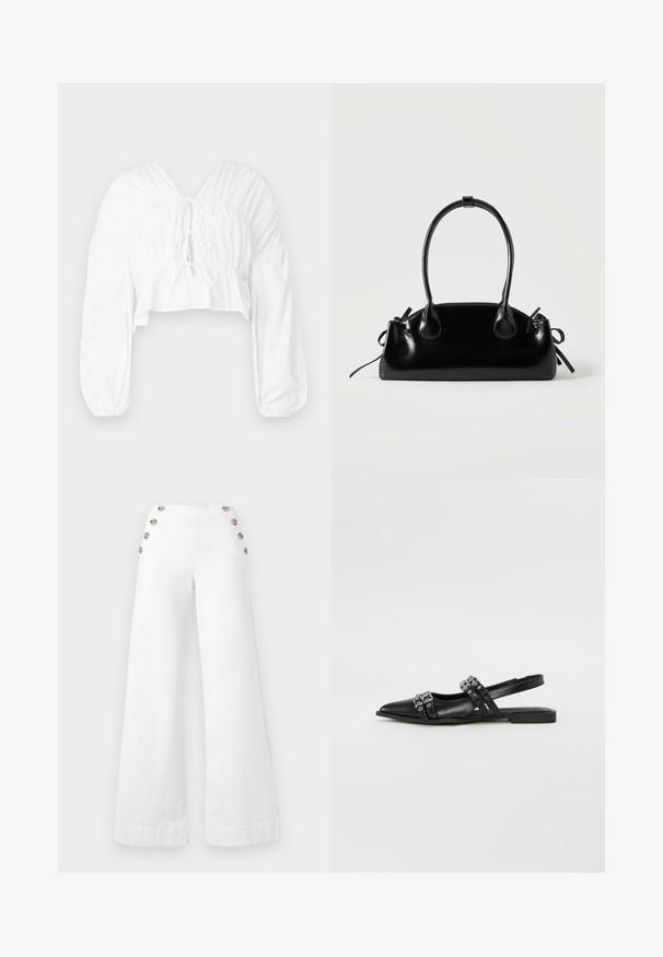 Witte cropped blouse met een V-hals, lange pofmouwen en geplooide details bij de taille. Heeft een striksluiting aan de voorkant.; Witte wijde broek van katoen, met grote decoratieve knopen aan de zijkanten, een gladde textuur en nette naden.; Even&Odd Slingback ballerina´s - black; Kleine zwarte glanzende handtas met twee lange hengsels en zijkant trekkoord details op een effen lichte achtergrond.