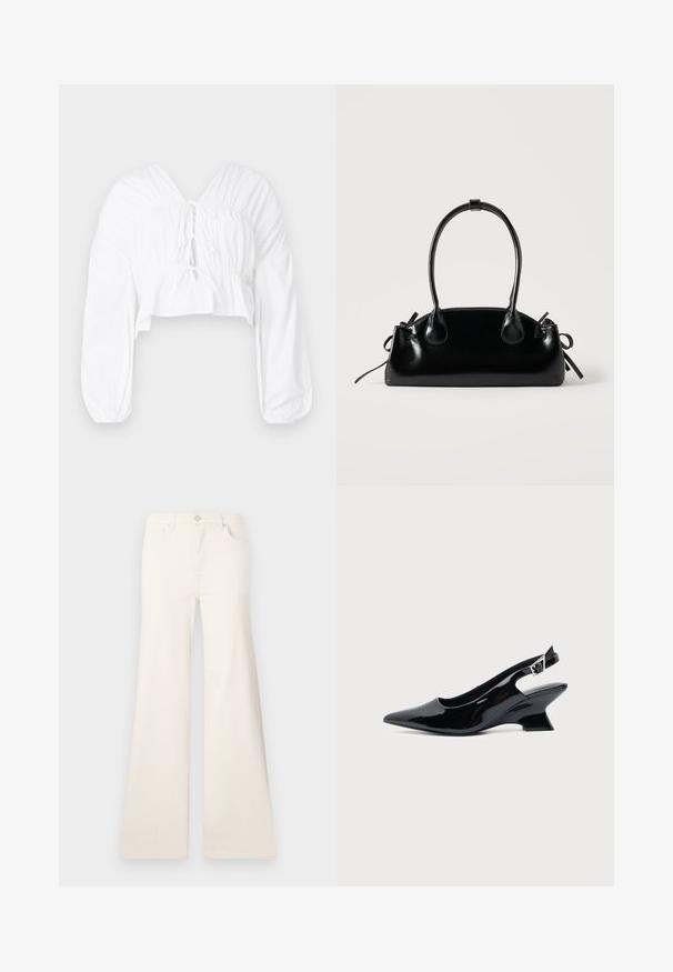 Blouse blanche raccourcie avec un décolleté en V, des manches bouffantes longues et des détails froncés à la taille. Présente une fermeture à nouer à l'avant.; ONLY Wide-fit ONLMADISON High waist Wide Leg Fit - Wide Leg - ecru; Chaussure slingback en cuir verni noir avec bout pointu et petit talon bloc incliné sur fond clair uni.; Petit sac à main noir brillant avec deux longues anses et des détails à cordon sur les côtés sur un fond clair uni.