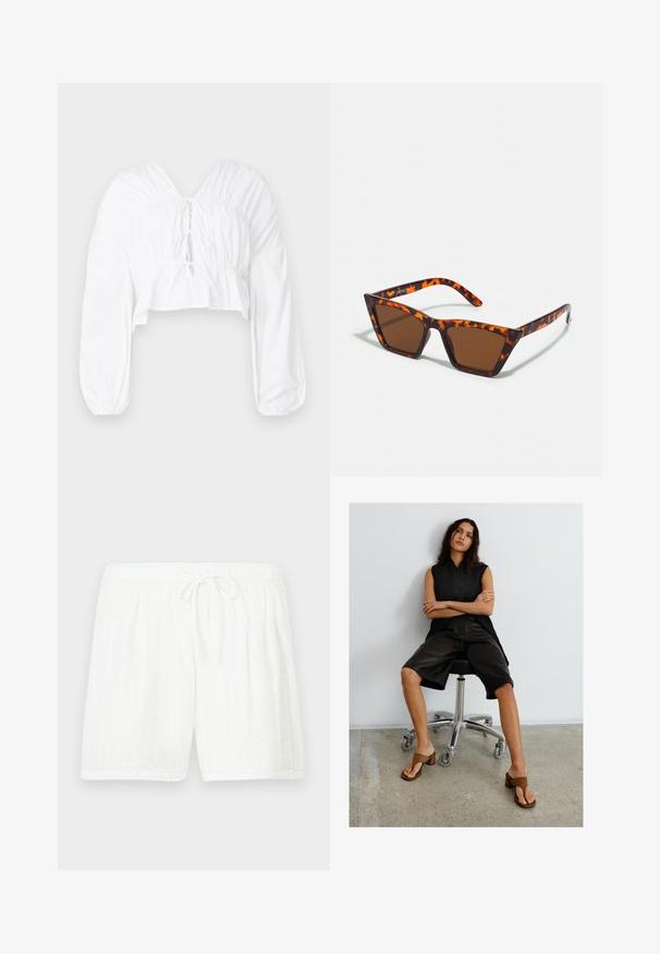 Blouse blanche raccourcie avec un décolleté en V, des manches bouffantes longues et des détails froncés à la taille. Présente une fermeture à nouer à l'avant.; Shorts blancs en coton avec une taille élastique et un cordon de serrage. Présentent un motif texturé avec des rayures verticales et des poches latérales.; Femme aux longs cheveux noirs assise sur une chaise de bureau noire, portant un haut sans manches noir, un short noir longueur genou et des sandales marron à talons.; Lunettes de soleil teintées de brun avec un motif écaille de tortue, monture angulaire et branches fines. Matériau en plastique léger.