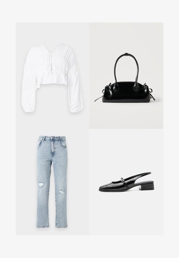 Blouse blanche raccourcie avec un décolleté en V, des manches bouffantes longues et des détails froncés à la taille. Présente une fermeture à nouer à l'avant.; Jean en denim bleu clair avec une coupe décontractée, présentant deux déchirures au niveau des genoux, cinq poches et un ourlet effiloché. Fermeture à bouton et à glissière.; Chaussure slingback en cuir verni noir avec un petit talon bloc et une fine bride avec une boucle argentée sur le dessus.; Petit sac à main noir brillant avec deux longues anses et des détails à cordon sur les côtés sur un fond clair uni.