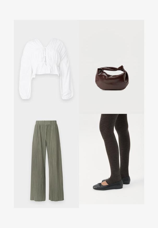 Blouse blanche raccourcie avec un décolleté en V, des manches bouffantes longues et des détails froncés à la taille. Présente une fermeture à nouer à l'avant.; Pantalons larges plissés verts avec une taille élastique, présentant des plis verticaux et une texture douce. Le tissu a une apparence lisse et fluide.; Jambes portant des leggings côtelés foncés associés à des ballerines noires avec de petits détails en nœud sur fond blanc.; Sac bandoulière en cuir marron foncé avec une forme souple et décontractée et une anse nouée torsadée sur un fond blanc uni.