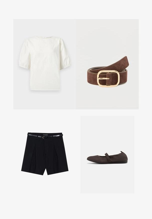 Blusa blanca con mangas abullonadas hasta el codo y escote redondo, con un pequeño cierre de botón en la parte trasera.; Shorts negros a medida con pliegues, que cuentan con un cinturón negro delgado con hebilla dorada. Elaborados en un tejido suave, ofrecen un aspecto pulido.; Zapato plano de ballet marrón con correa elástica y puntera redondeada, mostrado sobre un fondo blanco, vista lateral.; Cinturón de ante marrón con una hebilla rectangular de metal dorado. El cinturón presenta una textura suave y está diseñado para ajustarse a la cintura.