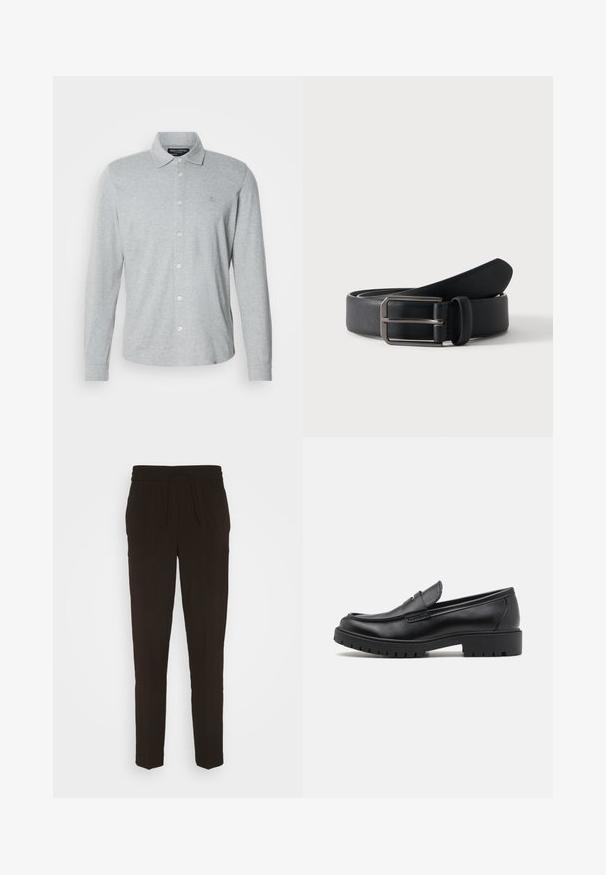 Polo gris à manches longues en coton doux, avec un devant boutonné, un col pointu et un logo discret sur la poitrine.; Pantalons noirs, longs et fuselés fabriqués à partir d'un matériau doux et lisse. Dotés d'une taille élastique avec un cordon de serrage pour un ajustement réglable.; Mocassins en cuir noir avec un bout arrondi, un design à enfiler et une semelle en caoutchouc épaisse avec une texture antidérapante. Talon surélevé et détails de surpiqûre subtils.; Ceinture en cuir noir roulée avec une boucle métallique argentée rectangulaire sur un fond clair uni.