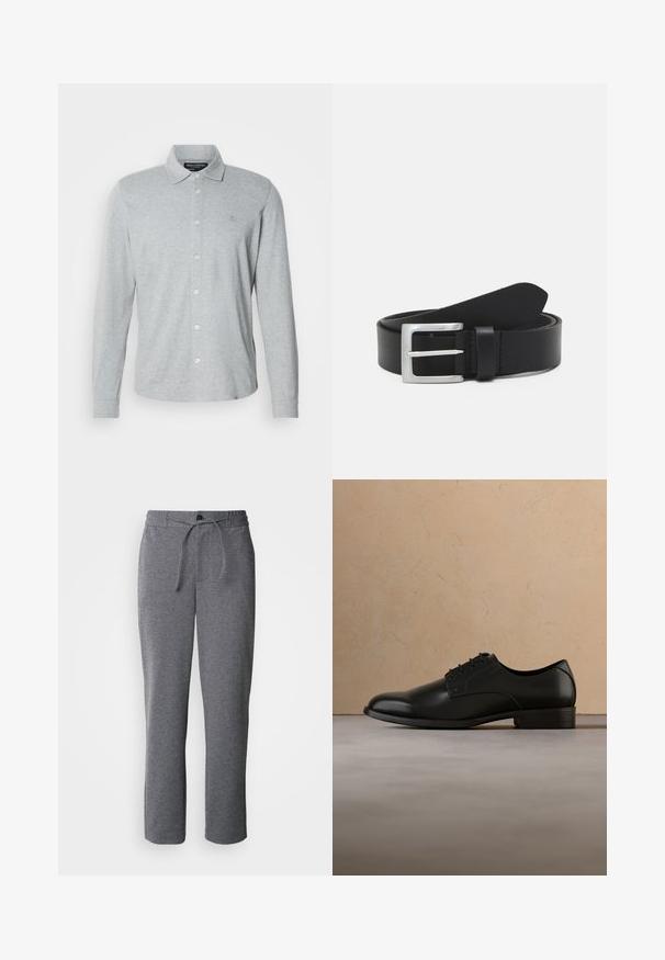 Polo gris à manches longues en coton doux, avec un devant boutonné, un col pointu et un logo discret sur la poitrine.; Pantalons de survêtement gris en tissu doux, dotés d'une taille élastique avec cordon de serrage, de jambes droites et d'un design simple et épuré.; Chaussure habillée en cuir noir lévitant au-dessus d'un tapis beige tissé, avec une table basse ronde en bois et des livres empilés en arrière-plan flou.; Ceinture en cuir noir avec une texture lisse, boucle rectangulaire en argent et une boucle pour l'extrémité. Présente des coutures soignées le long des bords.