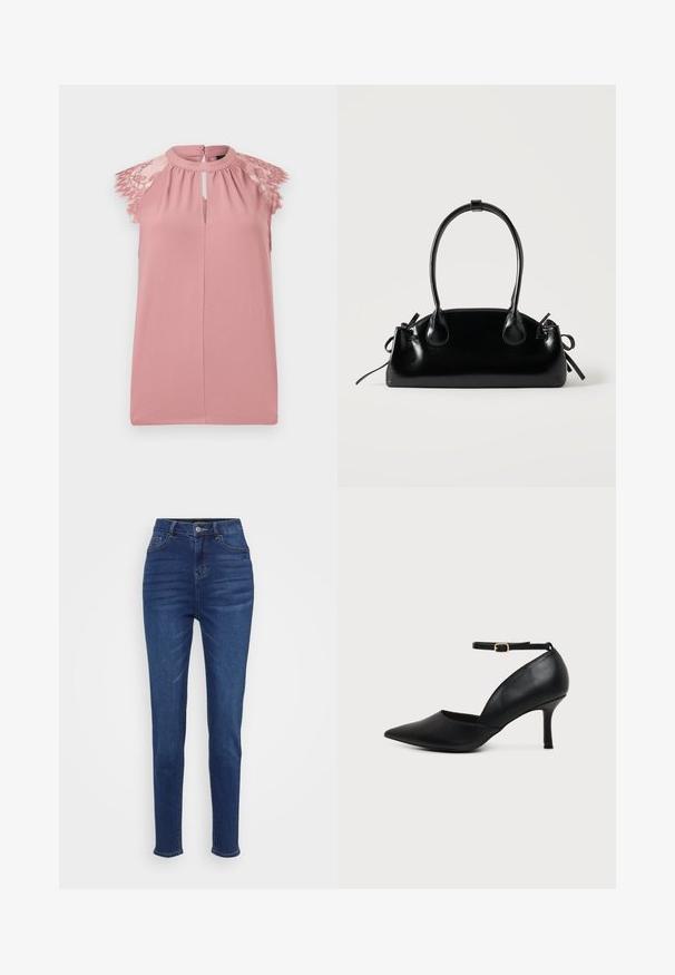 Blusa rosa sin mangas con detalles de encaje en los hombros, abertura en forma de ojo de cerradura en el escote y textura de tela suave.; Jeans de tiro alto y corte ajustado en denim azul oscuro. Cuenta con cinco bolsillos, presillas para el cinturón y un cierre de botón, con un leve desgastado a lo largo de las piernas.; Zapato de tacón bajo tipo kitten heel de cuero negro con punta puntiaguda, correa en el tobillo y hebilla dorada sobre fondo neutro.; Pequeño bolso negro brillante con dos asas largas y detalles de cordón lateral sobre un fondo claro liso.
