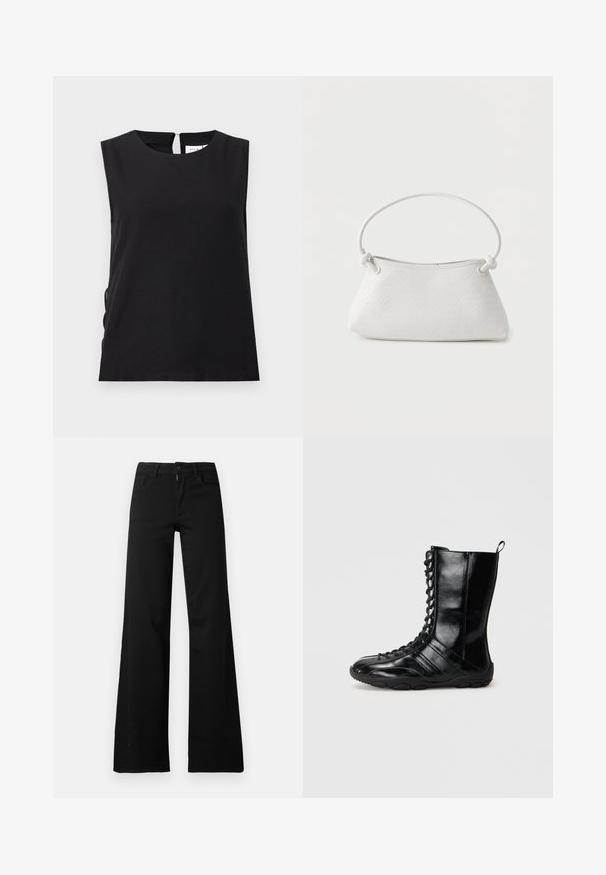 Sort ærmeløs top med rund halsudskæring og knaplukning bagpå, lige snit, ensfarvet stof og minimalistisk design.; Sorte højtaljede bukser med vide ben med lukning foran med knap og lynlås, bæltestropper og forlommer på hvid baggrund.; Sorte læderstøvler med en høj skaft, snørebånd foran, gummisål og strukturerede paneler. Har en løkke for nem påtagning.; Hvid fletlæderhåndtaske med afrundet håndtag og ender på remmen, der er knyttet, vist mod en ensfarvet baggrund.