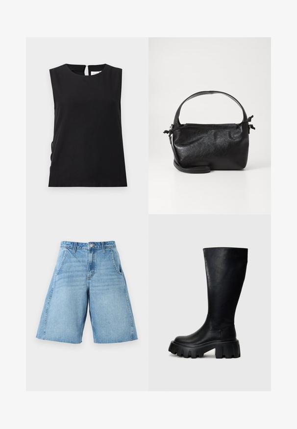 Haut noir sans manches avec encolure ronde et fermeture par boutons au dos, coupe droite, tissu uni, et design minimaliste.; Short en jean bleu clair avec poches avant, passants de ceinture et fermeture par bouton, présenté sur fond blanc.; Bottes noires montantes en cuir lisse avec une semelle épaisse, dotées d'un bout arrondi, de panneaux latéraux élastiques et d'un détail de couture subtil.; Sac à main en cuir noir au design structuré, avec une poignée arrondie et une bandoulière amovible. Présente une texture lisse et un éclat subtil.
