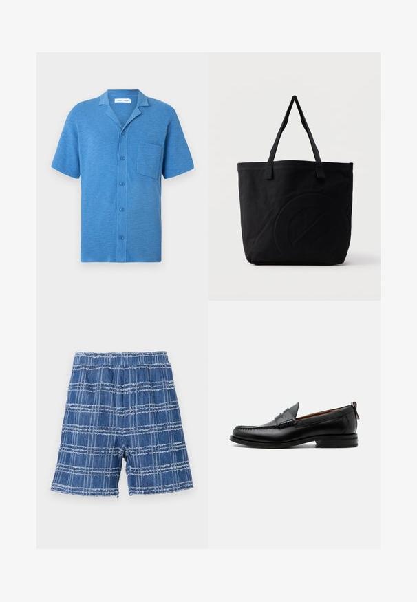 Korte mouwen overhemd met knopen in blauw, gemaakt van gestructureerde stof. Heeft een reverskraag en een borstzak.; Denim shorts met een rafelig zoom, met een blauw geruit patroon. Elastische tailleband, recht модел en zachte textuur.; Zwarte leren herensloffen met moc toe stiksel, pennyriem, gestructureerde kraag en lage gestapelde hak op witte achtergrond.; Zwarte canvas tas met twee schouderbanden en een subtiel, ingebosseleerd cirkelvormig ontwerp aan de voorkant.