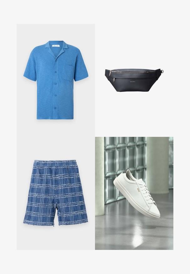 Kurzärmeliges, blaues Hemd mit Knopfleiste, gefertigt aus strukturiertem Stoff. Verfügt über einen Reverskragen und eine Brusttasche.; Denim-Shorts mit fransigem Saum, die ein blaues Karomuster aufweisen. Elastischer Bund, gerader Schnitt und weiche Textur.; Weißer Leder-Low-Top-Sneaker mit Schnürsenkeln, schwarzer Fersenschlaufe und „BOSS“-Logo, der drinnen nahe einer Glassteinwand und einem polierten Boden schwebt.; Schwarze Leder-Gürteltasche von Calvin Klein mit zwei Reißverschlussfächern und verstellbarem Riemen mit Metallschnalle.