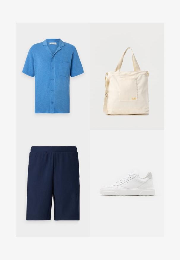 Kurzärmeliges, blaues Hemd mit Knopfleiste, gefertigt aus strukturiertem Stoff. Verfügt über einen Reverskragen und eine Brusttasche.; Navyblaue Sportshorts mit gerippter Textur, elastischem Bund und geradem Schnitt, entworfen für Komfort und Bewegungsfreiheit.; Weiße Leder-Sneaker mit glatter Oberfläche, rundem Zehenbereich, flachen Schnürsenkeln und strukturiertem Schuhsohlen. Graues Wildleder-Detail an der Ferse.; Beige Canvas-Shopper mit Fronttasche, zwei Griffen, verstellbarem Schulterriemen und kleinem gelbem "O.N.S"-Text unten rechts auf der Tasche.