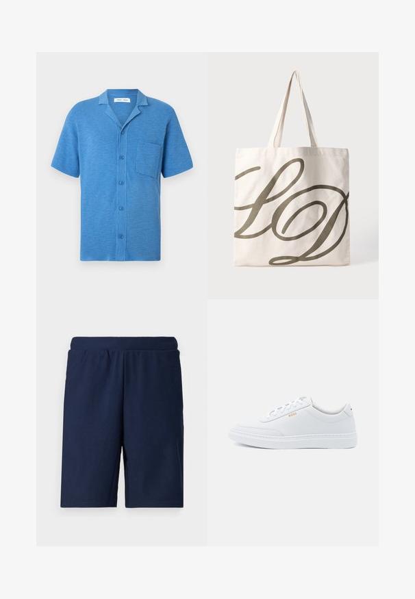 Kurzärmeliges, blaues Hemd mit Knopfleiste, gefertigt aus strukturiertem Stoff. Verfügt über einen Reverskragen und eine Brusttasche.; Navyblaue Sportshorts mit gerippter Textur, elastischem Bund und geradem Schnitt, entworfen für Komfort und Bewegungsfreiheit.; Weiße Leder-Sneaker mit glatter Textur, runder Zehenpartie und tonal abgestepptem Design. Mit blauen Schnürsenkeln und einem goldenen Logo an der Seite.; Leinene Tragetasche in hellem Creme mit einem großen dunkelolivgrünen, geschwungenen "LD"-Design. Verfügt über zwei robuste Griffe zum Tragen.