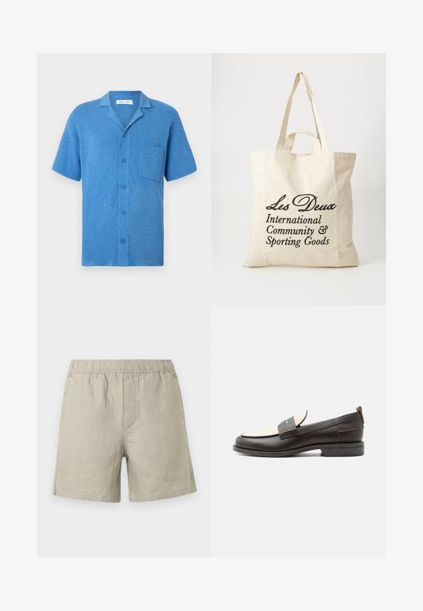 Chemise à manches courtes boutonnée en bleu, fabriquée en tissu texturé. Comprend un col cranté et une poche poitrine.; Shorts en lin beige clair avec une taille élastique, dotés d'une coupe droite et de détails de couture latérale. Texture lisse et respirante.; Mocassin homme en cuir marron foncé avec panneau en tissu écru et détail classique de bride cousue, semelle plate et languette au talon.; Sac tote en coton beige avec deux poignées robustes. Présente un texte imprimé en noir : "Les Deux International Community & Sporting Goods."