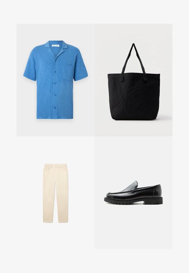 Korte mouwen overhemd met knopen in blauw, gemaakt van gestructureerde stof. Heeft een reverskraag en een borstzak.; Witte beige denim jeans met een rechte pijp, voorzien van vijf zakken, een knoop- en ritsluiting, en subtiele stikseldetails.; Zwarte leren loafer met dikke rubberen zool, gestikte bovenkant en gegraveerde merknaam op de hiel, zijaanzicht op witte achtergrond.; Zwarte canvas tas met twee schouderbanden en een subtiel, ingebosseleerd cirkelvormig ontwerp aan de voorkant.
