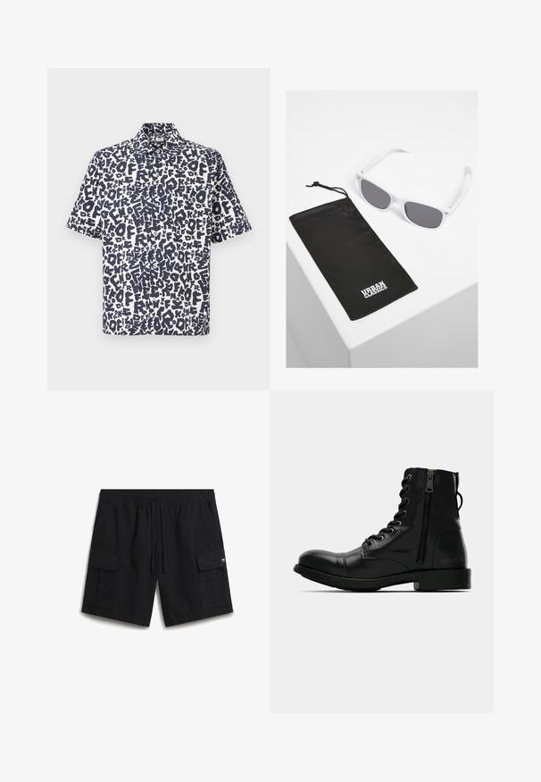 Korte mouwen overhemd met knopen, voorzien van een zwart-wit abstract graffiti-tekstpatroon en een klassieke kraag.; Zwarte cargoshorts van katoen, met een elastische tailleband met trekkoord, zij- en voorkantzakken, en een klein logootje.; Zwarte leren enkellaars met een ronde neus, vetersluiting aan de voorkant, zijrits en platte zool. Bevat reliëfbranding op de hak.; Witte plastic zonnebril met grijze lenzen naast een zwart stoffen zakje met een wit "URBAN CLASSICS" logo in vette letters.