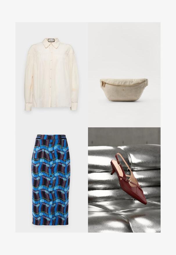 Crème, knoopsluiting blouse met kraag, voorzien van verticale plooien en kantaccenten op de schouders en manchetten. Zachte stof met lange mouwen.; Knielange rok in het blauw met een meerkleurig golfpatroon, voorzien van een zwarte tailleband, eenrijige knopen aan de voorkant en twee zijzakken.; Enkel rode leren slingback met hoge hak, puntige neus en gespbandjes, rustend op een glanzend zilveren getufte ondergrond.; Beige linnen tas met een ronde vorm, gouden rits en hardware accenten. Heeft een subtiele textuur en een minimalistisch ontwerp.