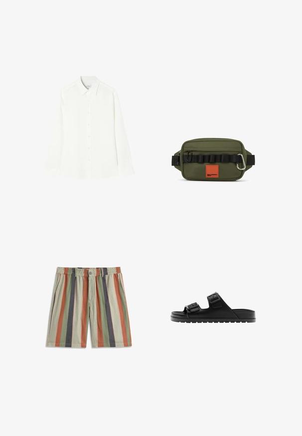 Chemise blanche à manches longues en tissu lisse, avec une fermeture à boutons sur le devant, un col classique et un ourlet droit avec des côtés arrondis.; Shorts pour hommes à rayures verticales en vert, rouille, marine et beige, avec une taille élastique, un bouton et des poches latérales.; Sandale noire à bout ouvert avec deux brides réglables avec boucle et une semelle texturée pour l’adhérence, présentée en profil.; Sac banane vert olive avec un compartiment principal zippé, une sangle noire et un accent texturé. Comprend un patch orange et un mousqueton en métal.