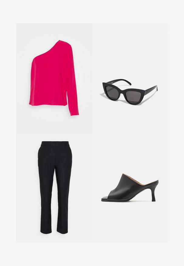 Modström PERRYMD - Blusa - virtual pink; Pantalones negros ajustados con pierna recta, hechos de una tela suave. Presentan una cinturilla sin cierres visibles ni bolsillos.; Selected ASHLEY - Mules de tacón - black; Gafas de sol negras en forma de ojo de gato con un acabado mate, que presentan lentes ahumados grises, ángulos pronunciados y brazos laterales elegantes. Nombre de la marca visible en el interior del brazo.