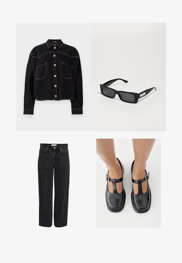 Sort cropped denimjakke med lange ærmer, knaplukning foran, to brystlommer og kontrasterende hvid syning.; Sort denim bukser med vide ben og høj talje, fem-lomme design og lynlåsgylp. Glat tekstur med minimale synlige syningsdetaljer.; Sorte lædersko med T-rem-design, lukket tå og sølvfarvede spændeaccenter. Glat tekstur med rundet tå og flad sål.; Sorte rektangulære solbriller med grå linser, der har en glat plastikramme og et sølv logo-twist på armen.