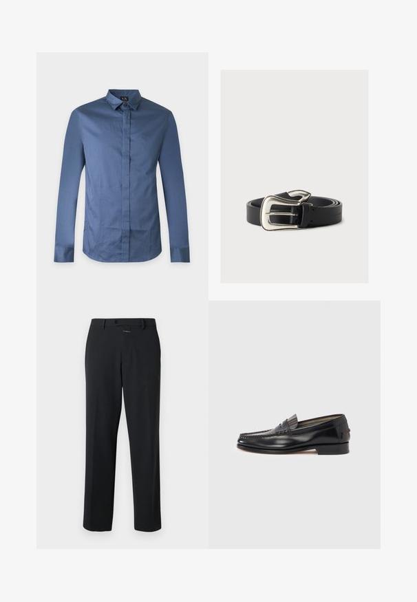 Chemise bleu homme à manches longues, coupe slim, avec boutons cachés et col classique sur fond uni.; Pantalon noir à coupe droite, en tissu lisse. Il présente une fermeture à bouton à l'avant et des détails de couture subtils. Conception simple sans motifs.; Mocassins en cuir noir avec un design de style mocassin, présentant une bande décorative et un détail de couture sur le dessus. Talon bloc bas.; Ceinture en cuir noir avec une grande boucle argentée de style western, enroulée sur un fond neutre.