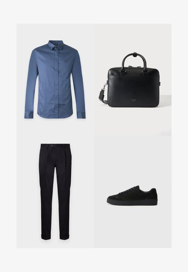Herre langærmet slim-fit blå skjorte med skjulte knapper og klassisk krave på ensfarvet baggrund.; Skræddersyede sorte bukser lavet af glat stof, med flad front, to frontplisseringer og manchetter i bunden for et rent og struktureret udseende.; Sort semsket sneakers med en flad, tekstureret sål, rund tå, seks snørrehuller og et minimalistisk design.; Sort lædermappe med dobbelte håndtag og aftagelig skulderrem, minimalistisk design på ensfarvet baggrund.