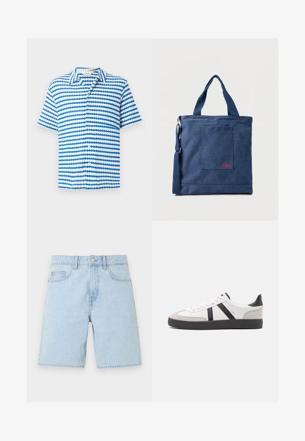 Chemise à manches courtes à boutons, avec des rayures horizontales ondulées bleues et blanches et un col étalé.; Short en denim bleu clair avec poches avant, passants de ceinture, bouton en métal et fermeture éclair sur un fond blanc uni.; Baskets blanches avec des accents noirs et gris, présentant un embout texturé gris, une semelle en caoutchouc noir et des lacets plats blancs. Design épuré, style minimaliste.; Sac fourre-tout en toile bleue avec poche frontale et broderie rouge "O.N.S", doté de doubles poignées et d'une bandoulière réglable.