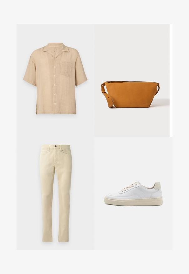 Beige Leinenhemd mit Kurzärmeln, aufgesetzter Kragen, frontaler Tasche und weißen Knöpfen. Texturiertes Gewebe, lockere Passform und gerader Saum.; Beige Gerade geschnittene Hosen aus Baumwollmischung. Mit Fünf-Taschen-Design, Gürtelschlaufen und einem schwarzen Knopfverschluss an der Taille.; Weiße Sneaker mit einem glatten Lederobermaterial, beigen Schnürsenkeln und einer strukturierten, beigen Wildleder-Fersenschlaufe. Erhöhte Sohle für zusätzlichen Komfort.; Hellbraune Leder-Umhängetasche mit verstellbarem Schulterriemen und Reißverschluss, vor einem schlichten hellen Hintergrund gezeigt.