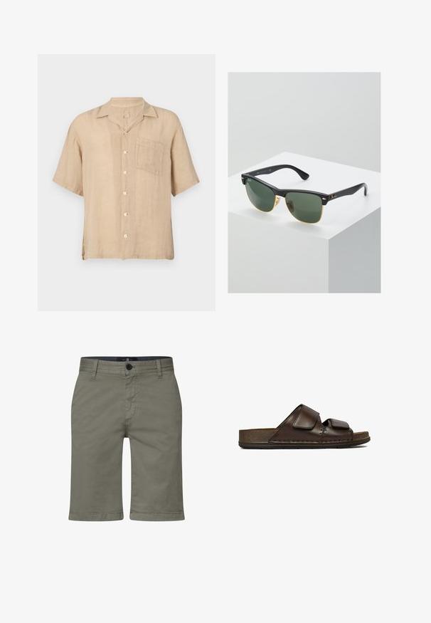 Beige Leinenhemd mit Kurzärmeln, aufgesetzter Kragen, frontaler Tasche und weißen Knöpfen. Texturiertes Gewebe, lockere Passform und gerader Saum.; Khakishorts aus einem glatten Baumwollmischmaterial, mit einem Reißverschluss, einem Knopfverschluss und Fronttaschen. Gerades Bein Design, knielanger Schnitt.; Dunkelbraune Ledersandale mit zwei verstellbaren Klettverschlüssen und einer dicken, strukturierten Sohle.; Ray-Ban Sonnenbrillen mit grünen Gläsern, schwarzen Kunststoffrahmen und goldenen Akzenten an den Rändern. Quadratische Form mit matter Oberfläche.