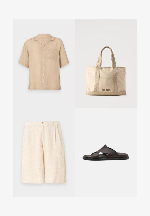 Beige Leinenhemd mit Kurzärmeln, aufgesetzter Kragen, frontaler Tasche und weißen Knöpfen. Texturiertes Gewebe, lockere Passform und gerader Saum.; Beige maßgeschneiderte Shorts aus strukturiertem Gewebe, mit vorderen Falten, einem Knopfverschluss und einem geraden Bein-Design.; Stuart Weitzman BERKLEY - Pantolette flach - espresso; Beige Leinwand-Tragetasche mit zwei Griffen und Vordertasche, "LES DEUX" auf der Tasche bestickt.