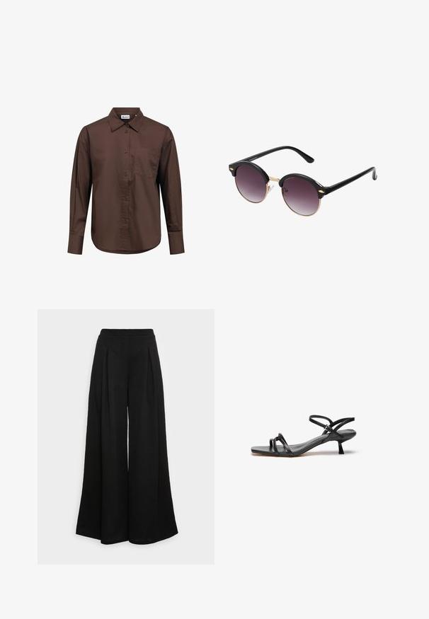 Camisa de manga larga marrón oscuro con botones, cuello puntiagudo y bolsillo en el pecho, mostrada extendida sobre fondo blanco.; Pantalones negros de pierna ancha hechos de una tela suave, con pliegues frontales y una cintura alta, que garantizan una silueta fluida.; Sandalia de cuero negro con un diseño elegante y minimalista. Presenta dos correas delgadas y un pequeño tacón inclinado. Textura suave y punta abierta.; Gafas de sol redondas con montura de plástico negro y lentes en degradado púrpura oscuro. Accentos metálicos dorados en la montura. Brazos delgados en negro.