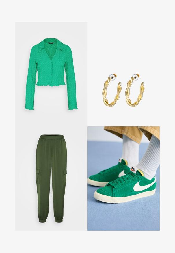 Monki Blúzka - light green; ONLY ONLTRACY PANTS - Kapsáče - duffel bag; Zelené semišové tenisky s bielym logom Nike, gumovou podrážkou a polstrovaným golierom. Textúrovaný zvršok s plochými šnúrkami a živými farebnými akcentmi.; Zlaté skrútené náušnice s hladkým povrchom, ktoré majú priehľadný podklad a zlatý hardware.