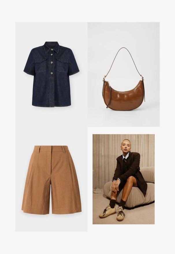 Chemise en denim bleu foncé à manches courtes avec col, fermeture boutonnée devant et deux poches poitrine à rabat avec coutures visibles.; Short marron taille haute longueur genou avec passants de ceinture, plis devant et fermeture éclair avant cachée sur fond clair.; Femme aux cheveux plaqués en arrière, assise sur un canapé bas beige, portant un blazer noir, des hauts superposés, des chaussettes foncées et des baskets beiges.; Sac en cuir synthétique marron avec un design incurvé, fermeture zippée et une seule sangle marron. Texture lisse avec une finition brillante et un matériel minimal.