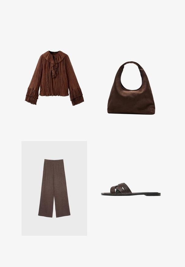 Blouse marron à manches longues avec tissu plissé, grand col à volants noué à l'avant et poignets à volants superposés.; Pantalon large marron avec taille élastique, fabriqué en tissu doux et texturé, présenté à plat sur un fond neutre.; Sandale plate marron foncé avec trois larges brides en cuir croisées et une semelle fine.; Sac à main en toile marron doux de style hobo avec une large sangle unique et une ouverture en haut arrondie, présenté sur un fond blanc.