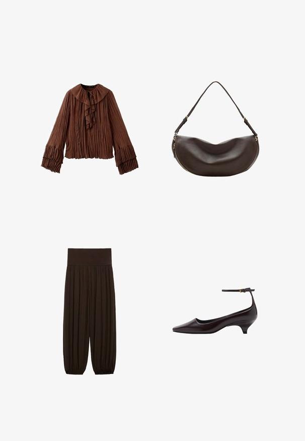 Brun bluse med lange ærmer, plisseret stof, stor flæset krave bundet foran og lagdelte flæsemanchetter.; Brune plisserede bukser med en bred, elastisk talje. Stoffet er let og tekstureret med indsamlede sømme ved benens afslutninger.; Mørkebrune spidse læder kitten heel sko med en tynd ankelrem og en lille guldbeslag.; Mørkebrun skuldertaske i læder med buet form, justerbar rem og guldfarvet lynlås langs den nederste kant.