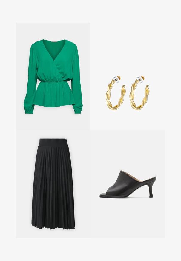 Anna Field Petite by Zalando Blouse - green; Zwarte geplooide rok met een brede tailleband, gekenmerkt door uniforme verticale plooien. Soepele textuur met een vloeiend ontwerp.; Selected ASHLEY - Muiltjes met hak - black; Gouden gedraaide oorringen met een gladde afwerking, voorzien van een transparante achterkant en goudkleurige hardware.