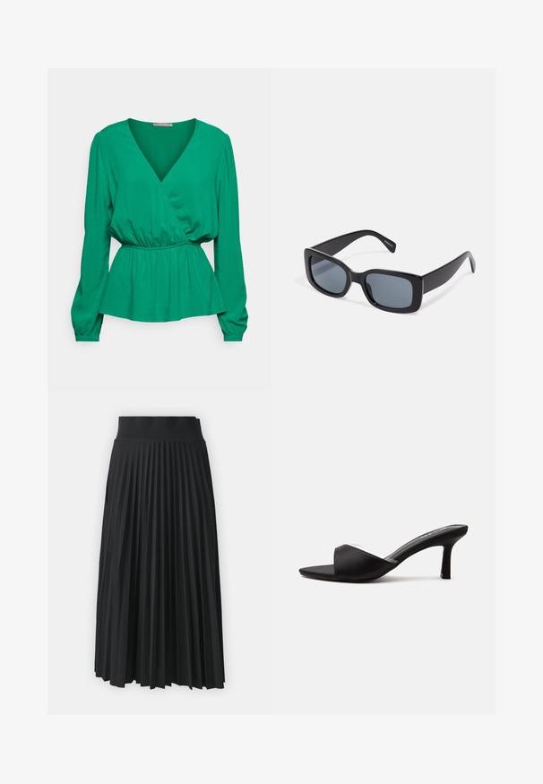 Anna Field Petite by Zalando Bluse - green; Sort plisseret nederdel med en bredtalje, prydet med ensartede lodrette folder. Glat tekstur med et svævende design.; Sort åben-tå mule sko med en mellemhøj slank hæl og en bred rem over fronten, vist fra siden på en ensfarvet baggrund.; Sorte rektangulære solbriller med mørkt tonede linser, tyk plastramme og brede stænger. Glat overflade og kantet design.