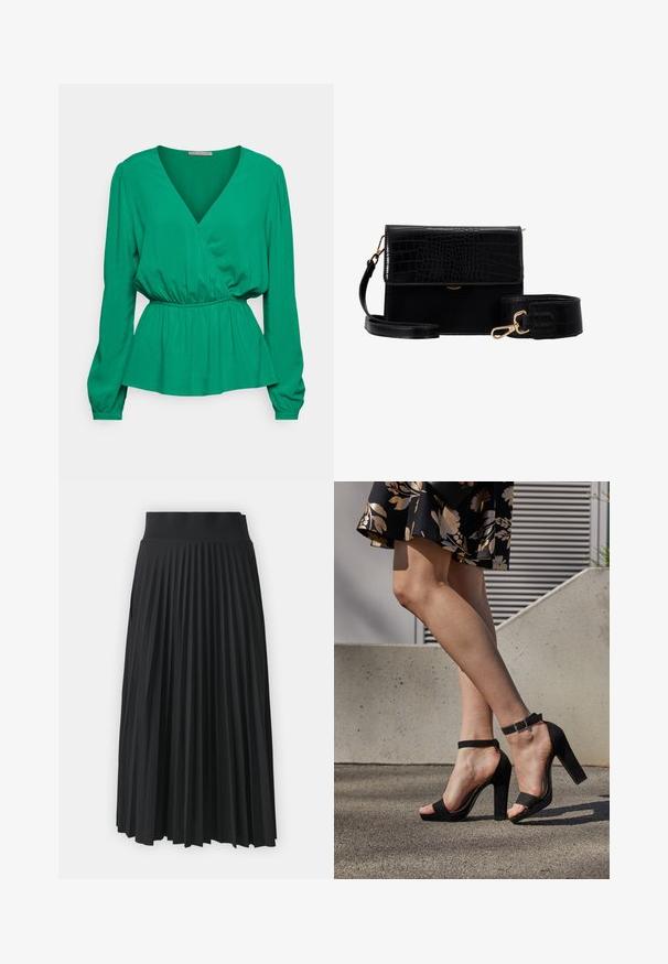 Anna Field Petite Bluse - green; Sort plisseret nederdel med en bredtalje, prydet med ensartede lodrette folder. Glat tekstur med et svævende design.; Sorte ruskinds høje hæle sandaler har et ankelstrop med spænde, åben tå design og en kraftig hæl. Glat tekstur og minimalistisk stil.; Sort faux læder crossbody taske med krokodillestruktur, guldhardware og en aftagelig rem. Har klaplukning og indvendigt rum.